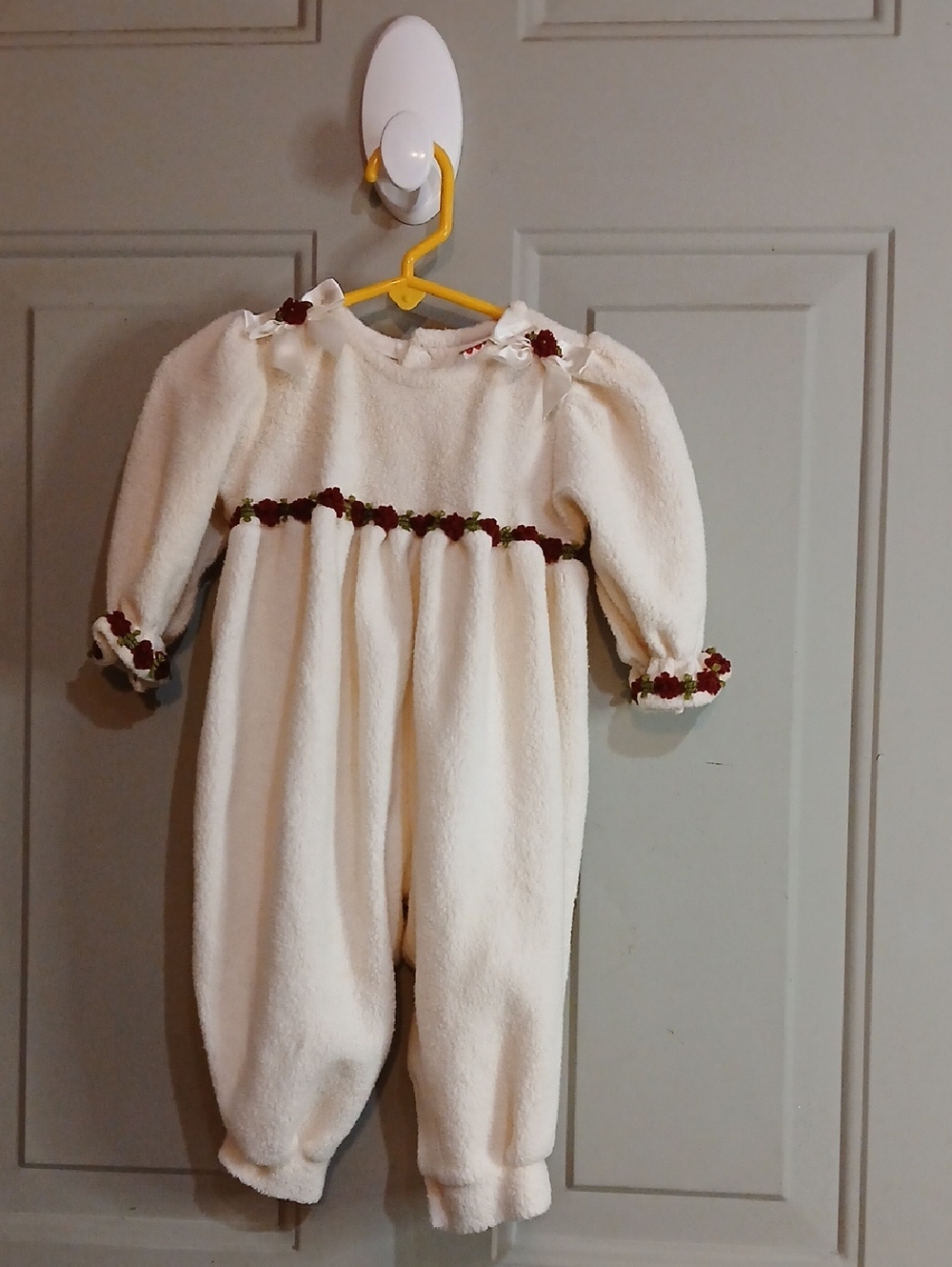 Vintage Mother-Maid Cream Plush Baby Bubble Romper with Floral Trim